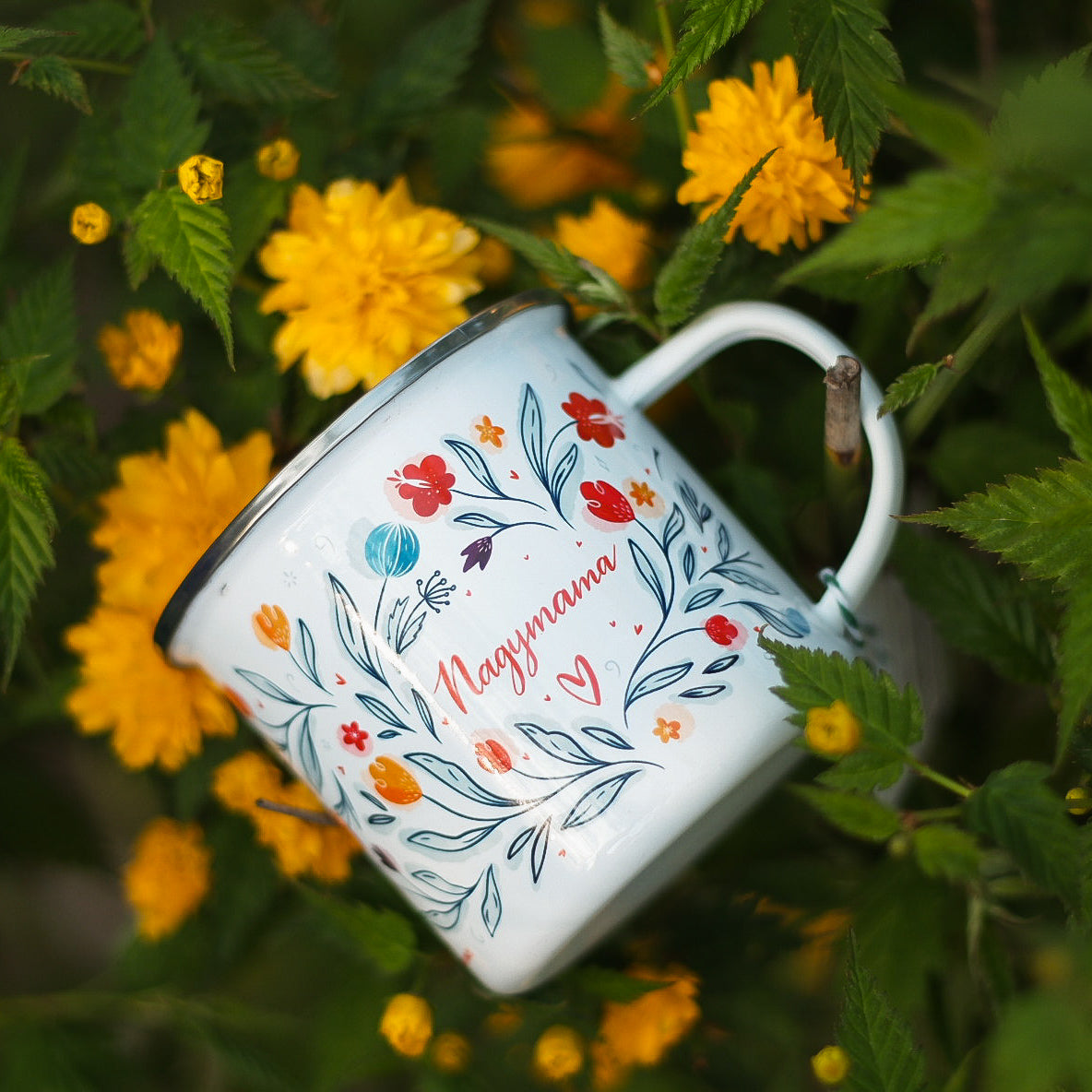 Cană emailată Floral "Nagymama"/"Nagytata"