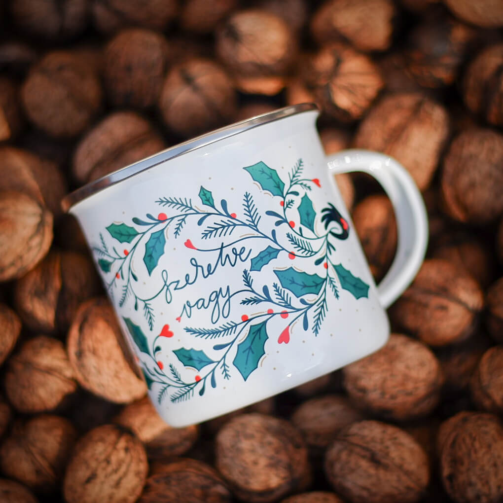 Cană emailată Crăciun "Szeretve Vagy"
