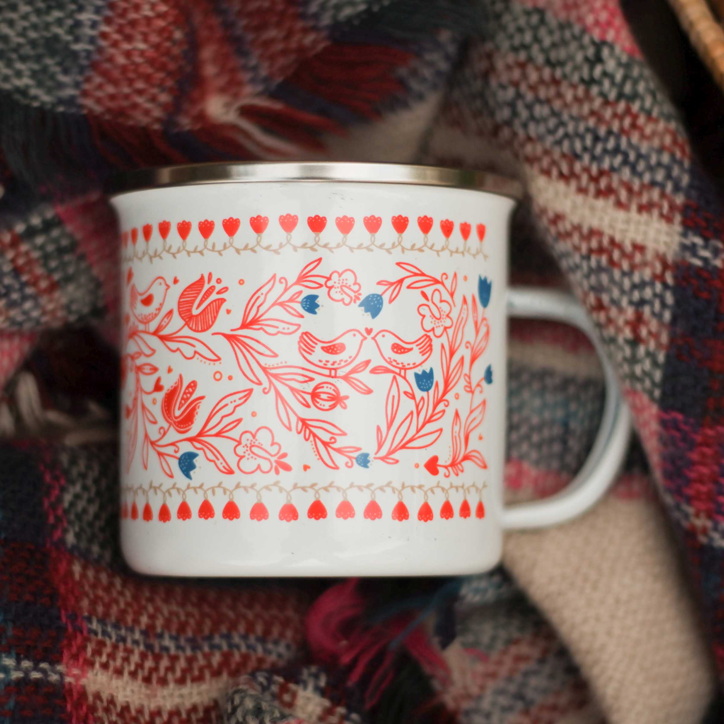 Cană emailată Folk Roșu