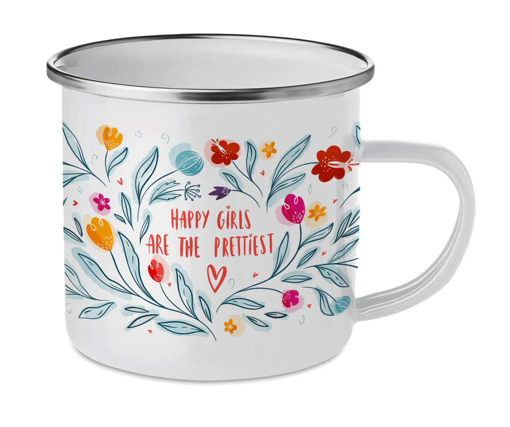 Cană emailată "Happy Girls Are The Prettiest" - Personizabil