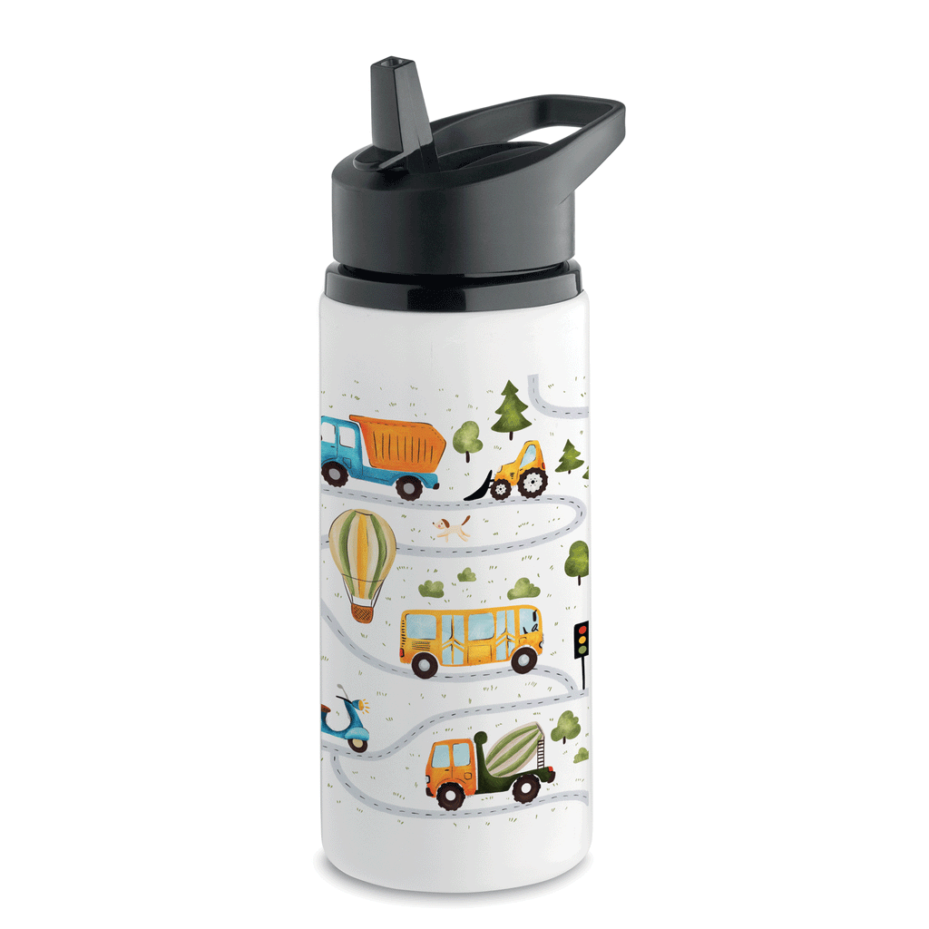 Sticlă copii cu pai 500 ml – model auto | oțel inoxidabil reciclat