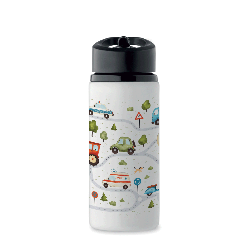 Sticlă copii cu pai 500 ml – model auto | oțel inoxidabil reciclat