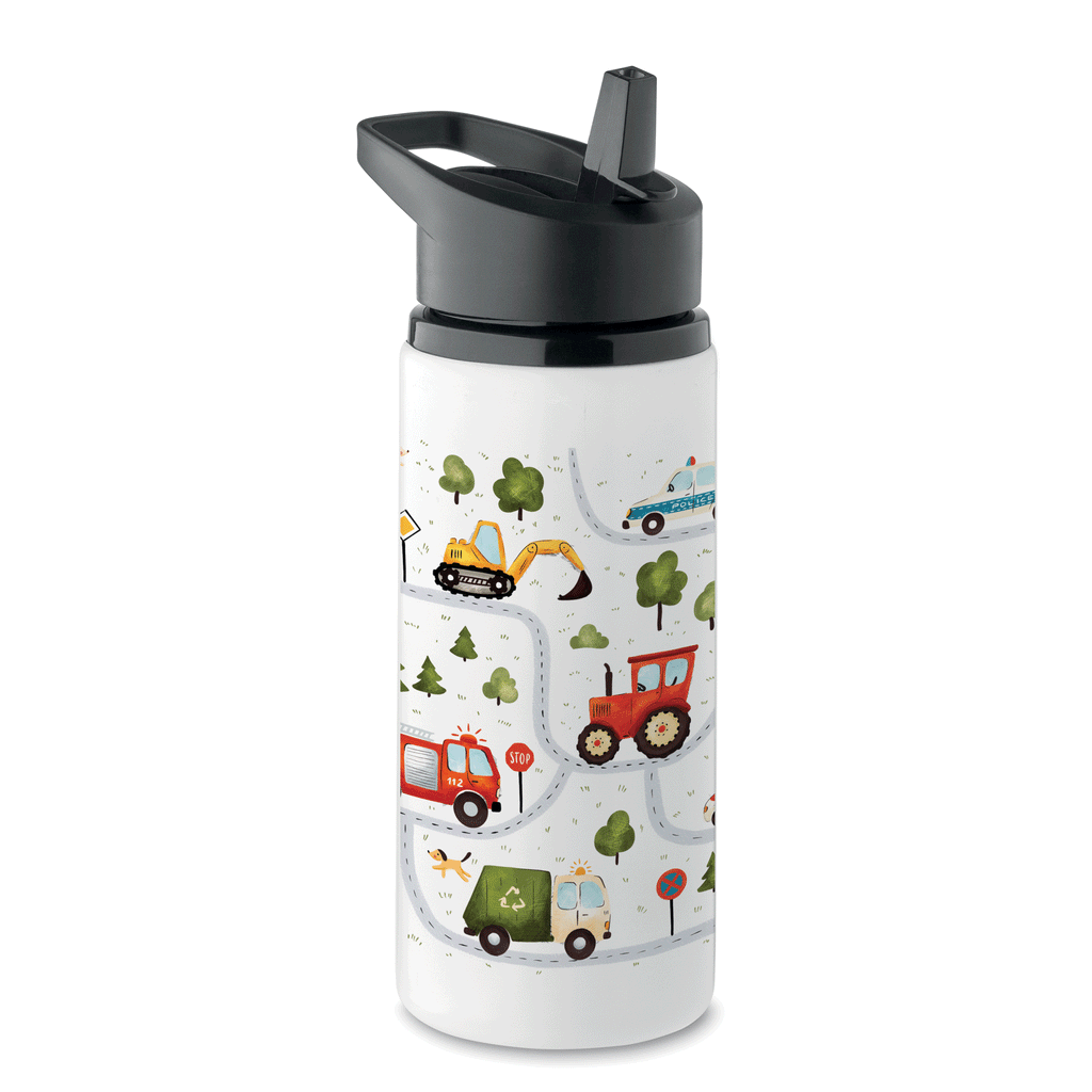 Sticlă copii cu pai 500 ml – model auto | oțel inoxidabil reciclat