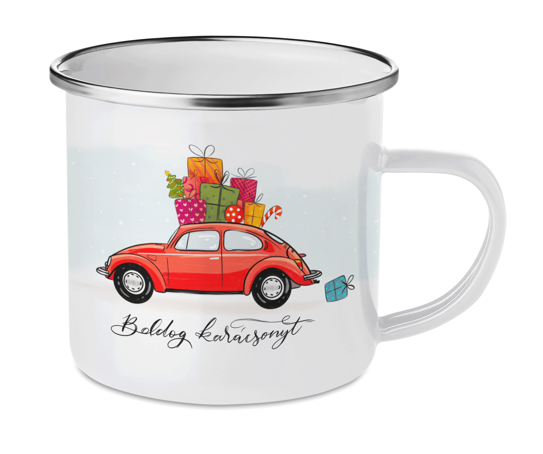 Cană emailată Volkswagen Bug roșu pentru crăciun