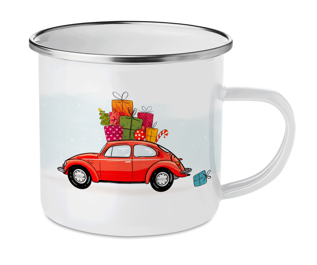 Cană emailată Volkswagen Bug roșu pentru crăciun