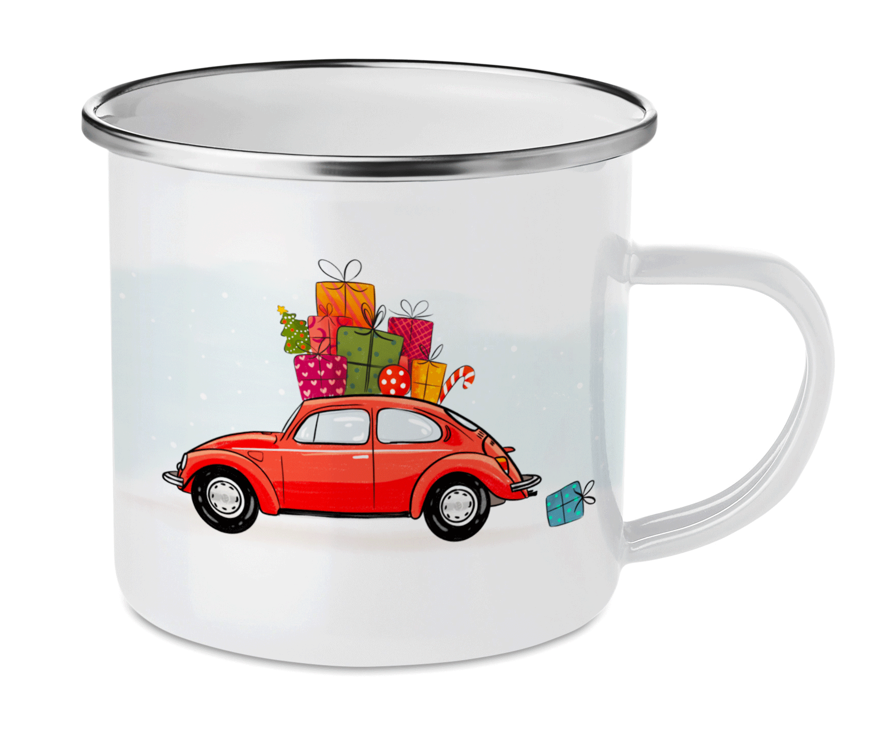 Cană emailată Volkswagen Bug roșu pentru crăciun