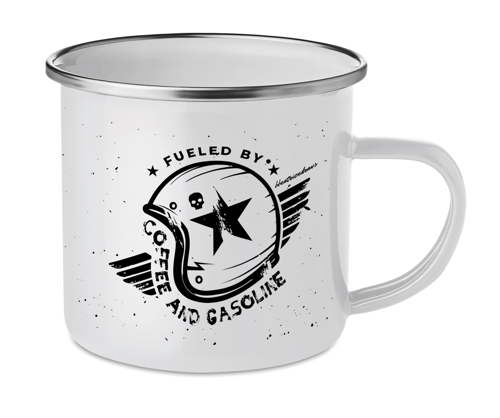 Cană emailată ”Fueled by coffee and gasoline” pentru motocicliști