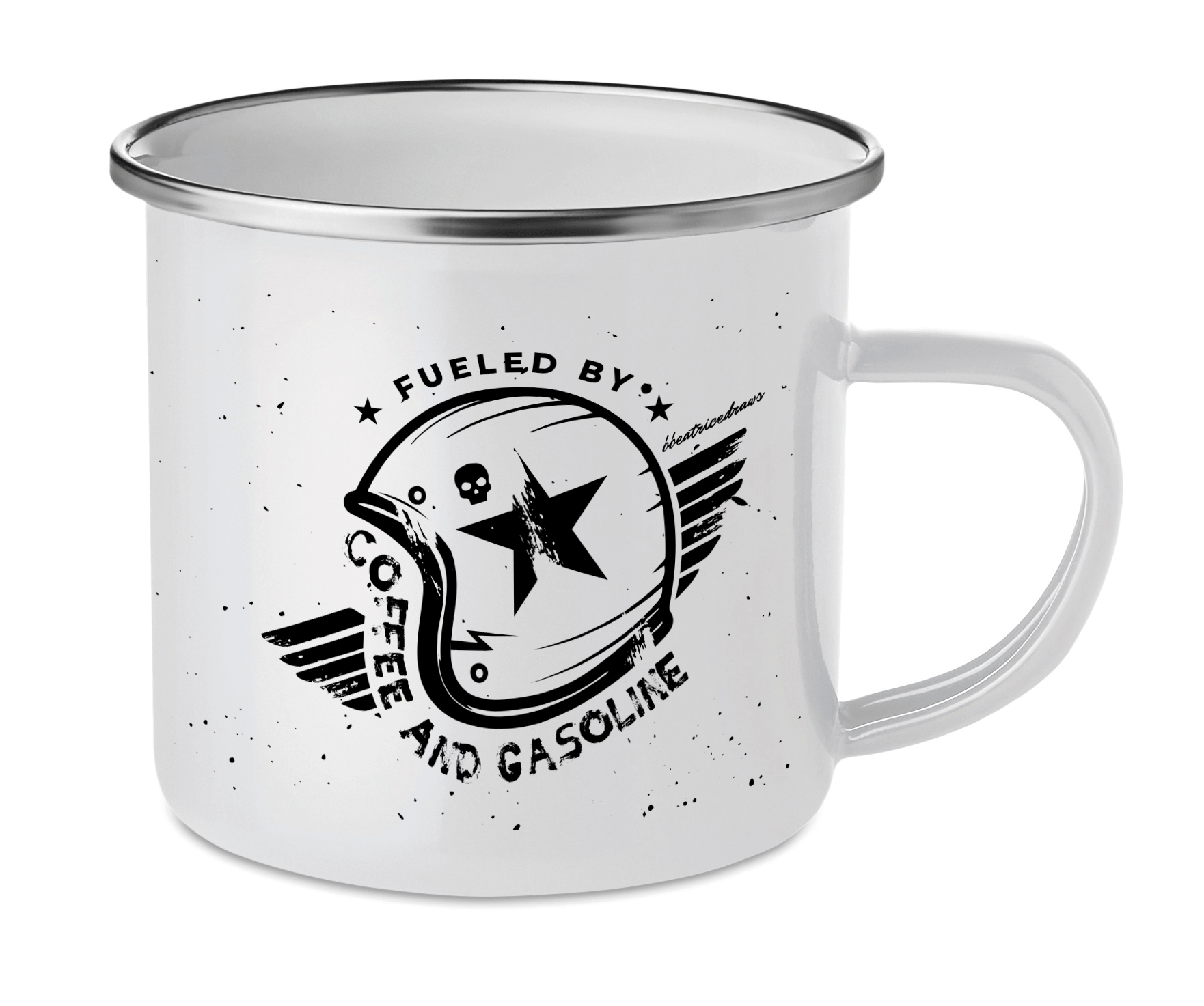 Cană emailată ”Fueled by coffee and gasoline” pentru motocicliști