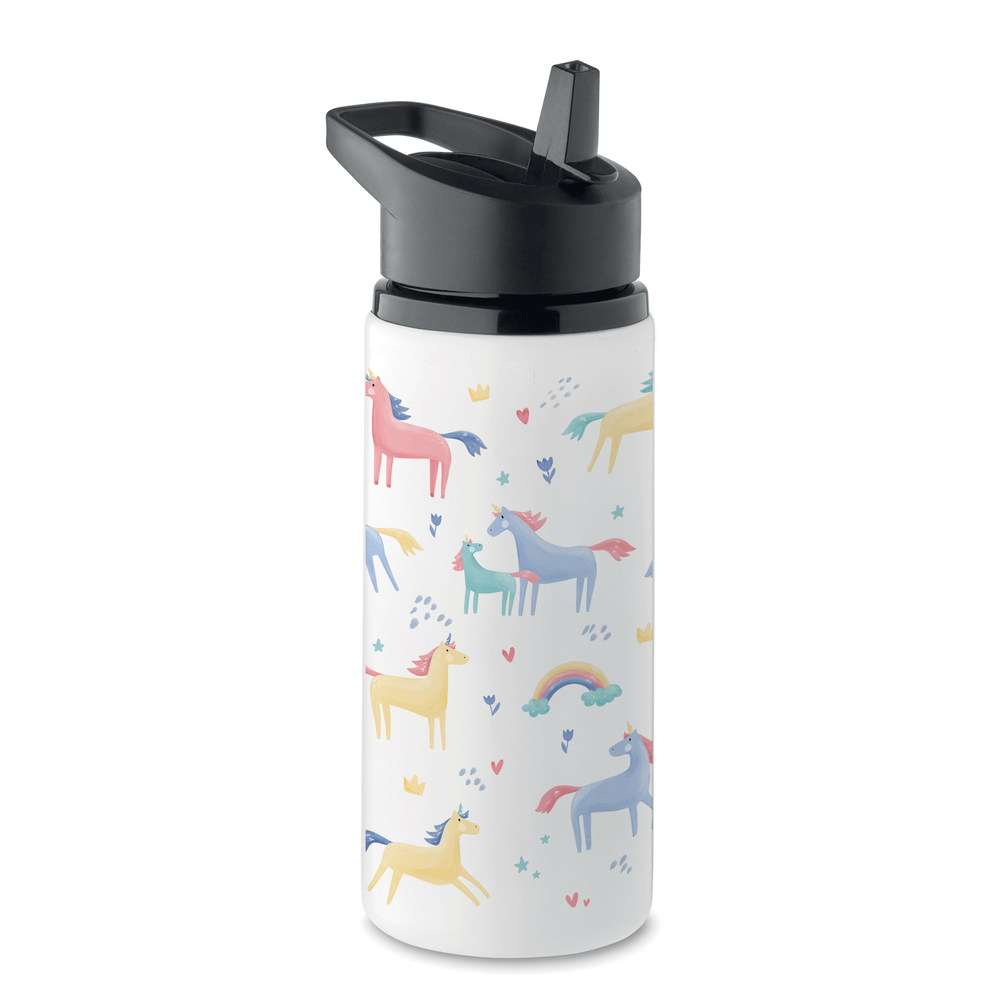 Sticlă copii cu pai 500 ml – model unicorni | oțel inoxidabil reciclat